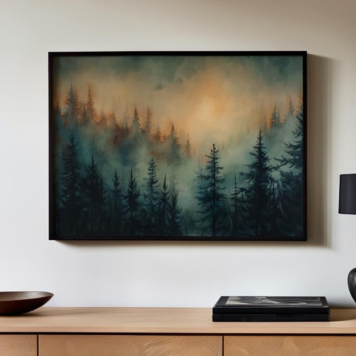 Moody Green Woodland Landscape Large Framed Misty Pine Tree Forest Canvas Art, Minimalist Scandinavian Nature Bedroom De