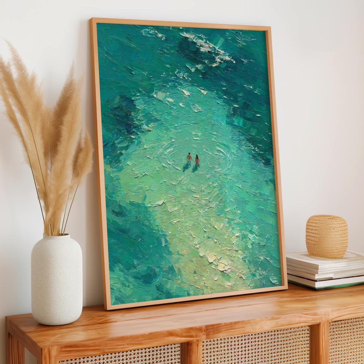Blue Abstract Oil Painting Print, Two People Swimming Turquoise Canvas, Blue Minimalist Art, Blue Wall Art Bedroom Decor
