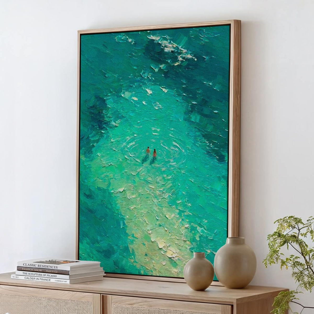 Blue Abstract Oil Painting Print, Two People Swimming Turquoise Canvas, Blue Minimalist Art, Blue Wall Art Bedroom Decor