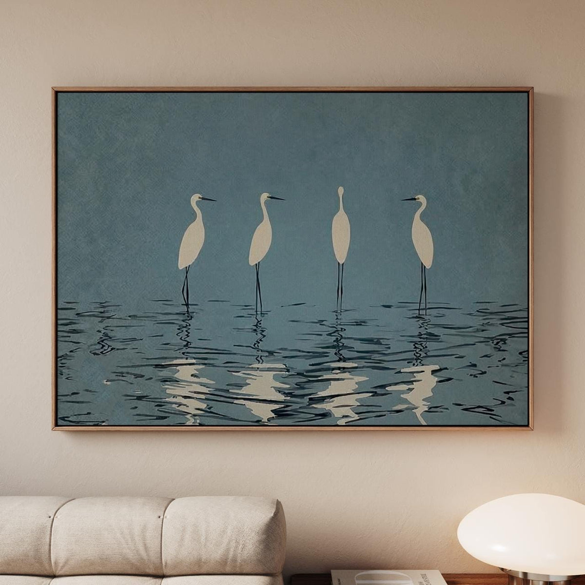 Minimalist Crane Wall Art Large Framed Heron Canvas Print, Elegant White Birds Deep Blue, Modern Nature Decor Living Roo
