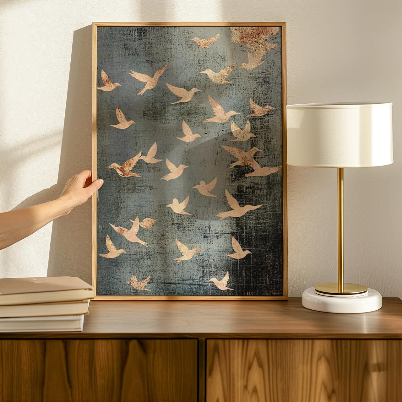 Flock of Flying Birds Framed Canvas Wall Art Print, Minimalist Spiritual Home Decor, Modern Japandi Artwork Large Abstra