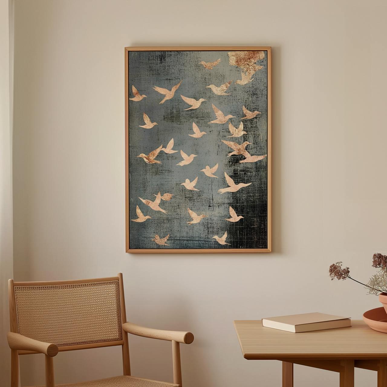 Flock of Flying Birds Framed Canvas Wall Art Print, Minimalist Spiritual Home Decor, Modern Japandi Artwork Large Abstra