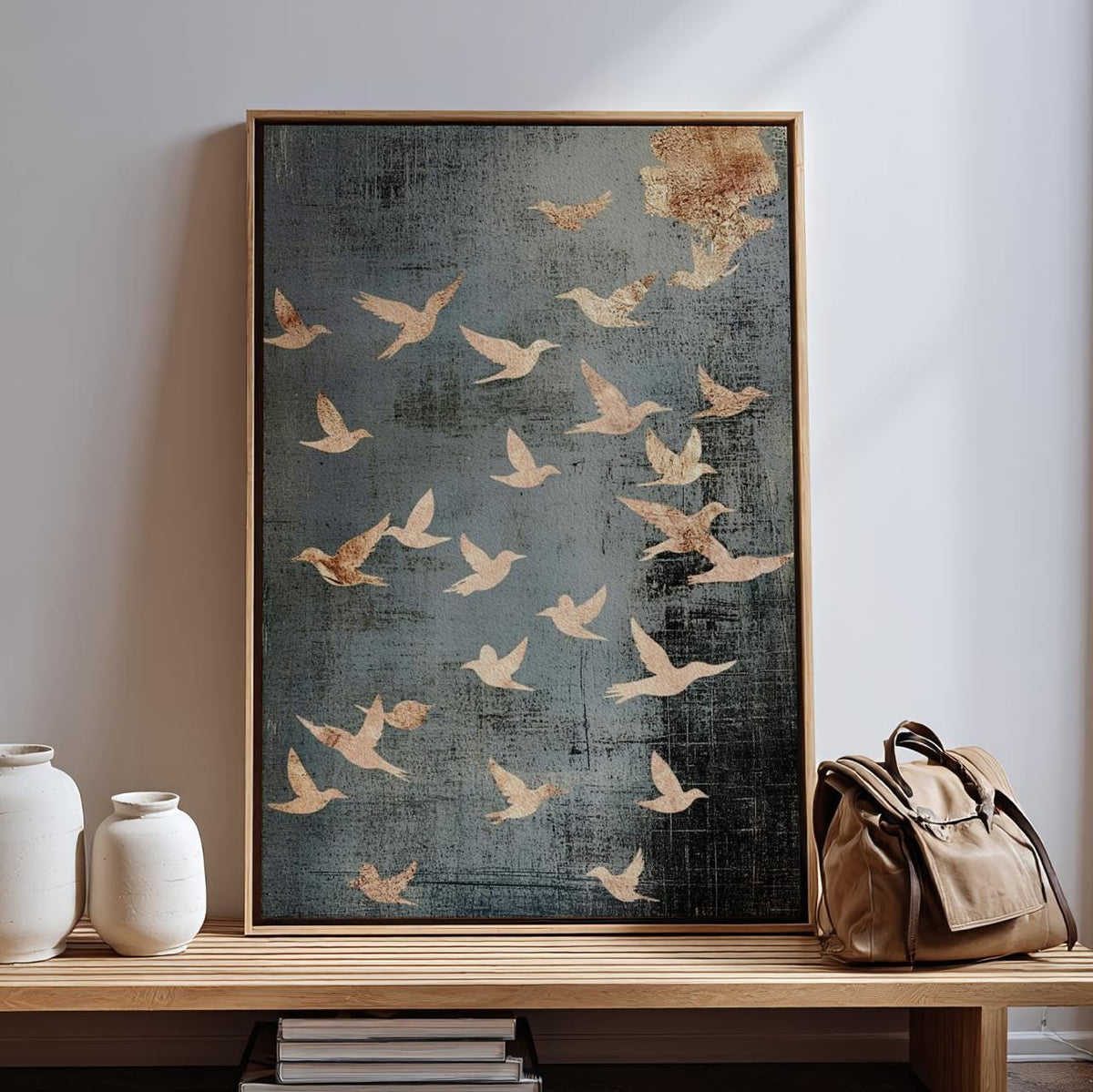 Flock of Flying Birds Framed Canvas Wall Art Print, Minimalist Spiritual Home Decor, Modern Japandi Artwork Large Abstra