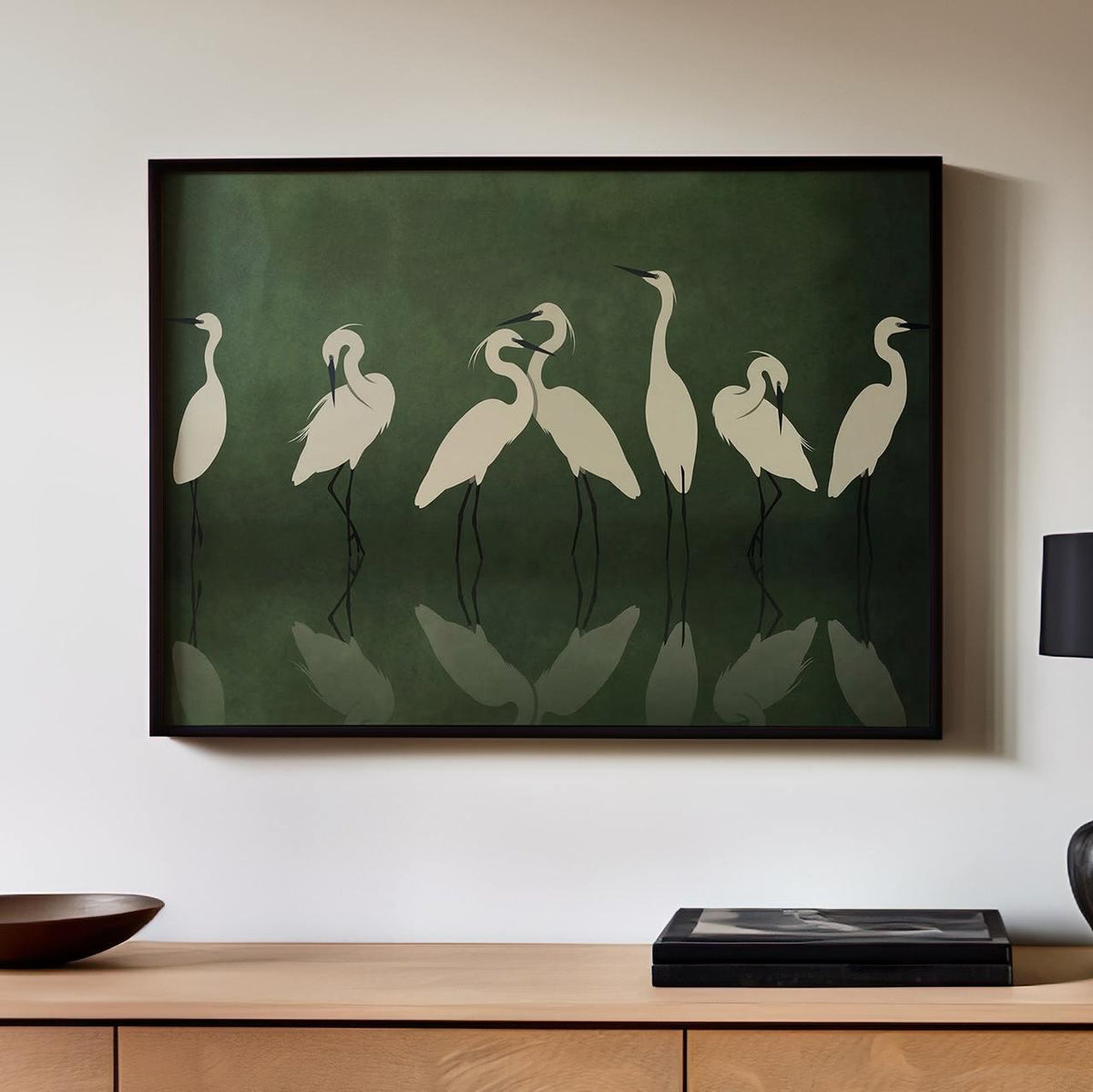 Large Framed Heron Poster Print Minimalist Crane Wall Art, Elegant White Birds Dark Green, Modern Nature Decor Oversized