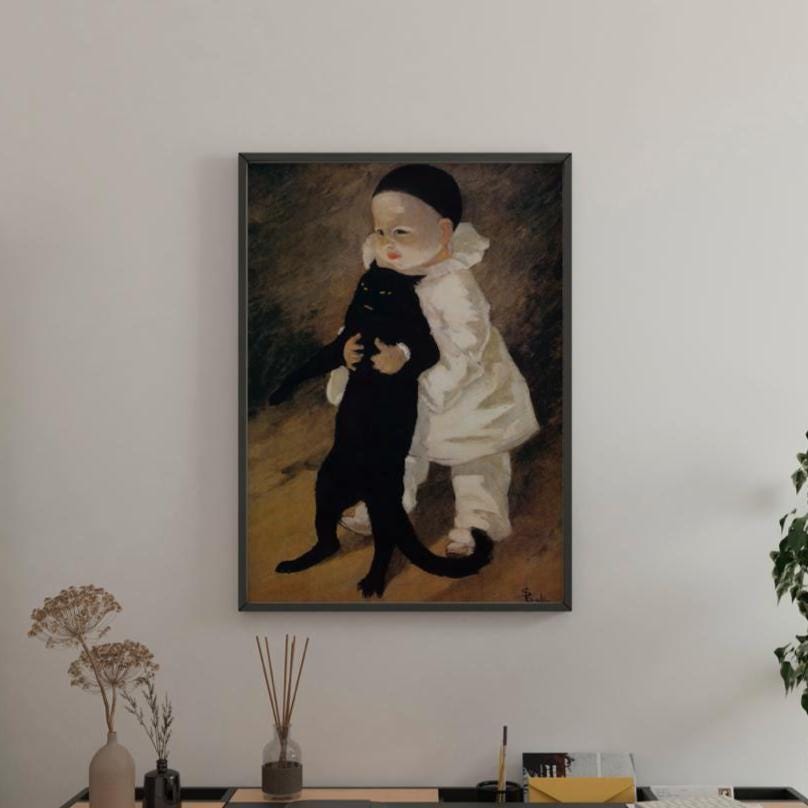 Pierrot with Cat by Théophile Steinlen – French Vintage Poster Print, Fine Art Canvas, Giclee Reproduction, Gallery Wrap