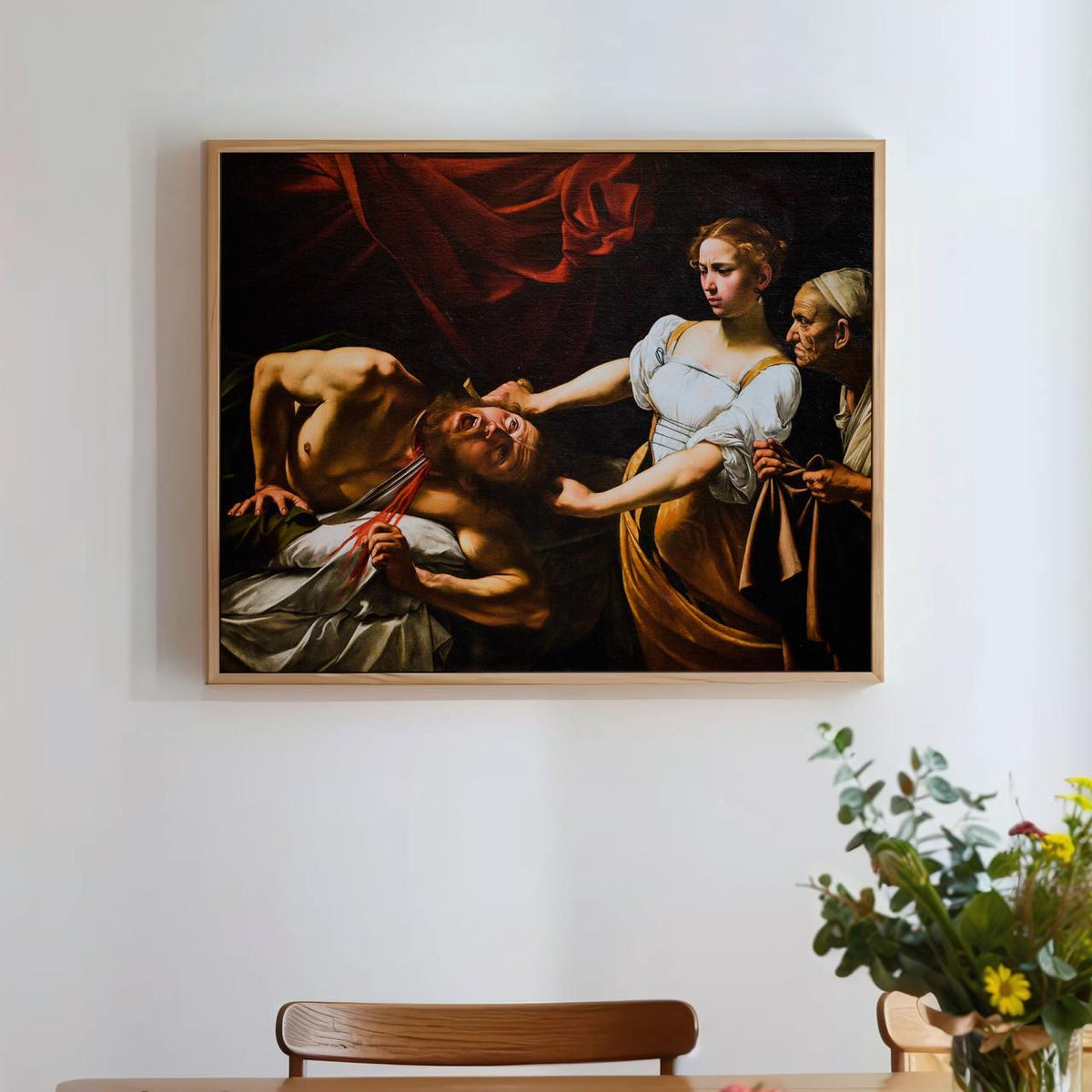 Caravaggio Judith Beheading Holofernes 1599 - Dramatic Baroque Biblical Canvas Art, Dark Red Drape, Powerful Female Hero