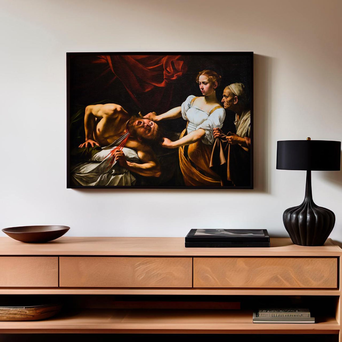 Caravaggio Judith Beheading Holofernes 1599 - Dramatic Baroque Biblical Canvas Art, Dark Red Drape, Powerful Female Hero