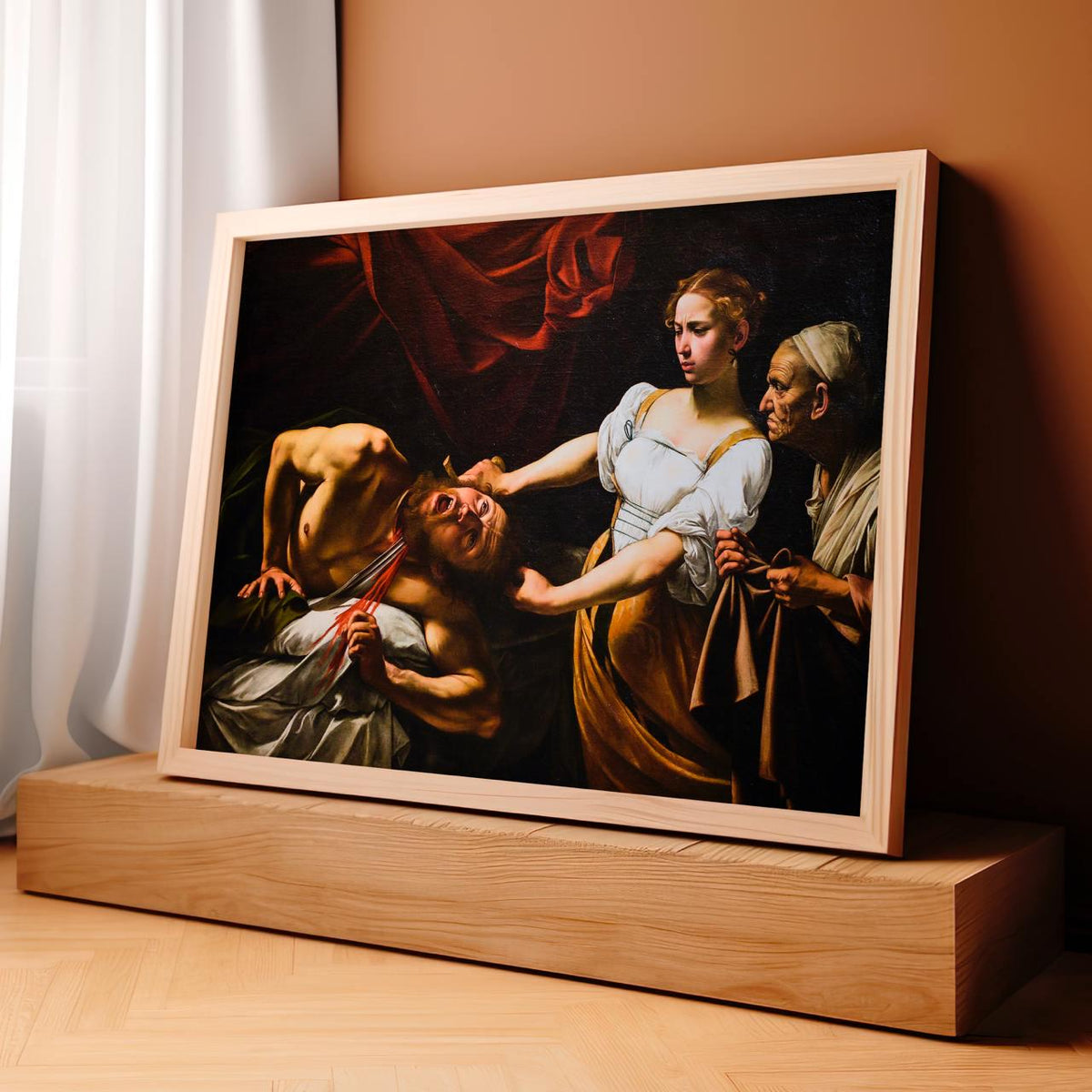 Caravaggio Judith Beheading Holofernes 1599 - Dramatic Baroque Biblical Canvas Art, Dark Red Drape, Powerful Female Hero