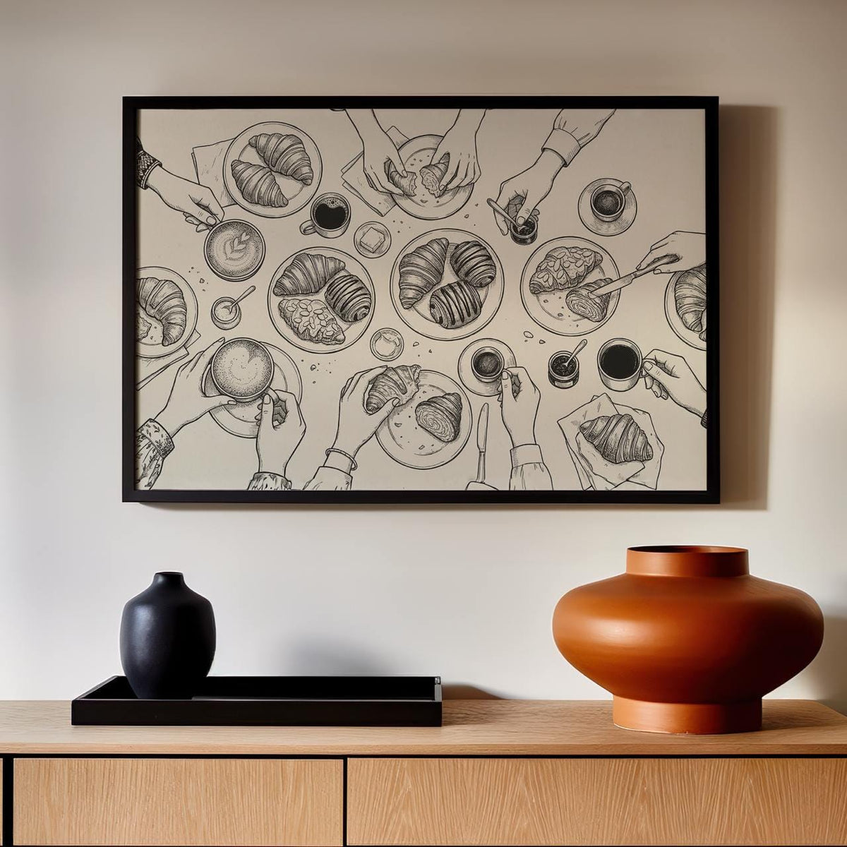 Food Line Art Print Croissant, Dining Room Wall Art, Minimalist Wall Art, Black White Artwork For Kitchen Decor art42