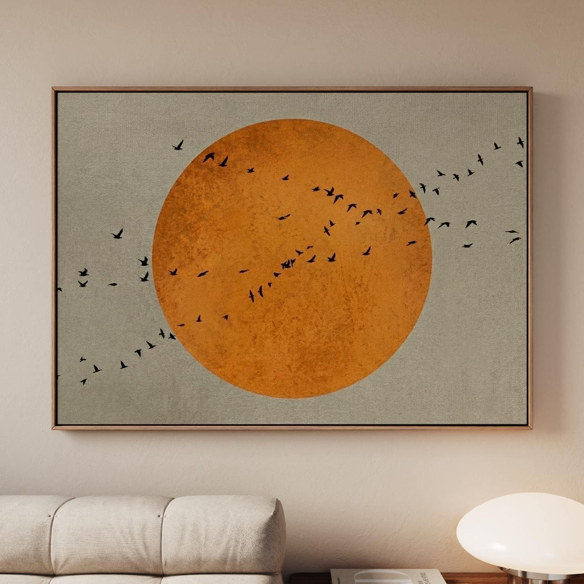 Sage Green Japandi Art Print, Flying Birds And Sun Wall Art, Minimalist Abstract Landscape, Large Japanese Wall Art For 