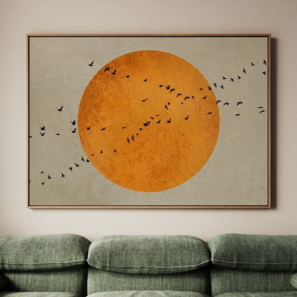 Sage Green Japandi Art Print, Flying Birds And Sun Wall Art, Minimalist Abstract Landscape, Large Japanese Wall Art For 