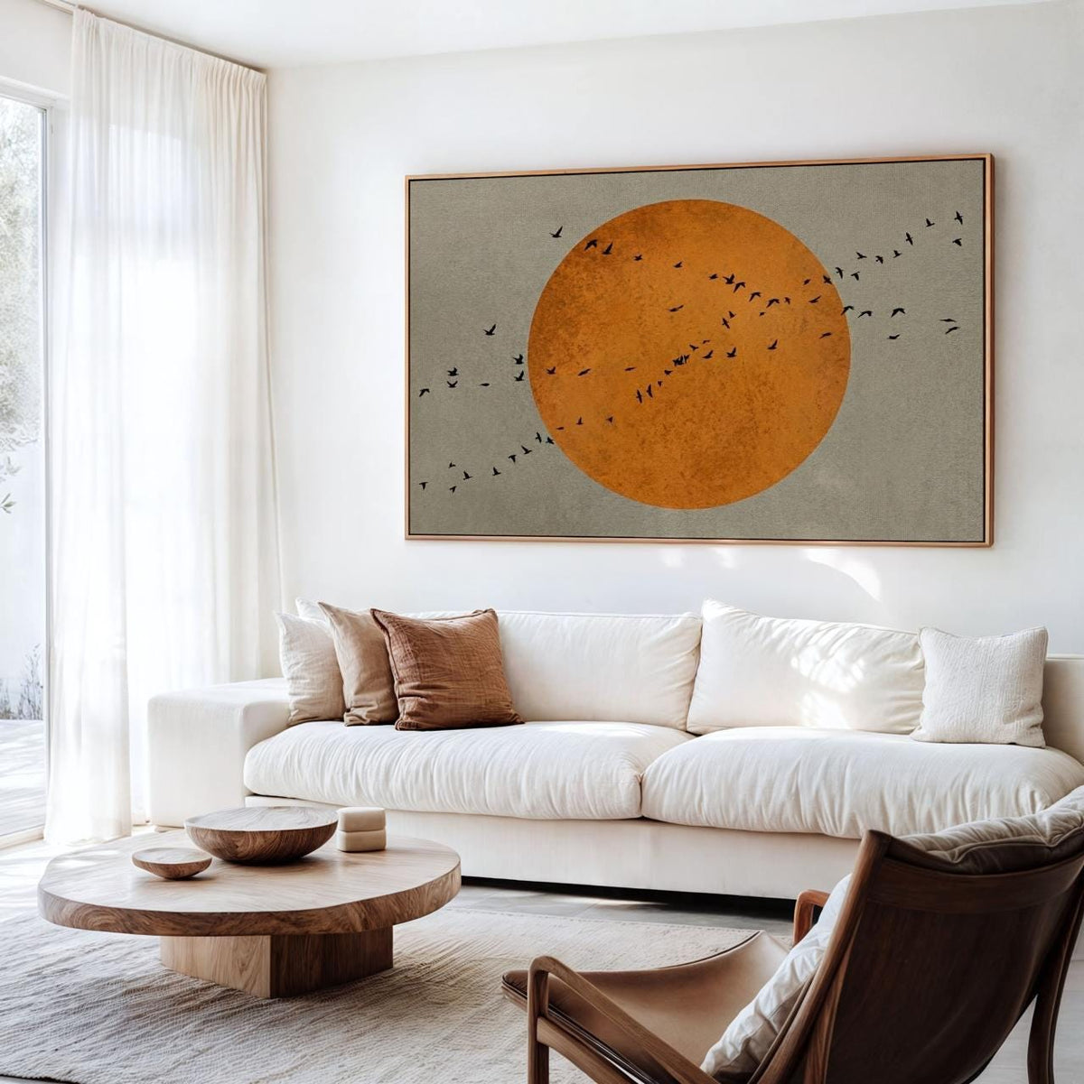 Sage Green Japandi Art Print, Flying Birds And Sun Wall Art, Minimalist Abstract Landscape, Large Japanese Wall Art For 