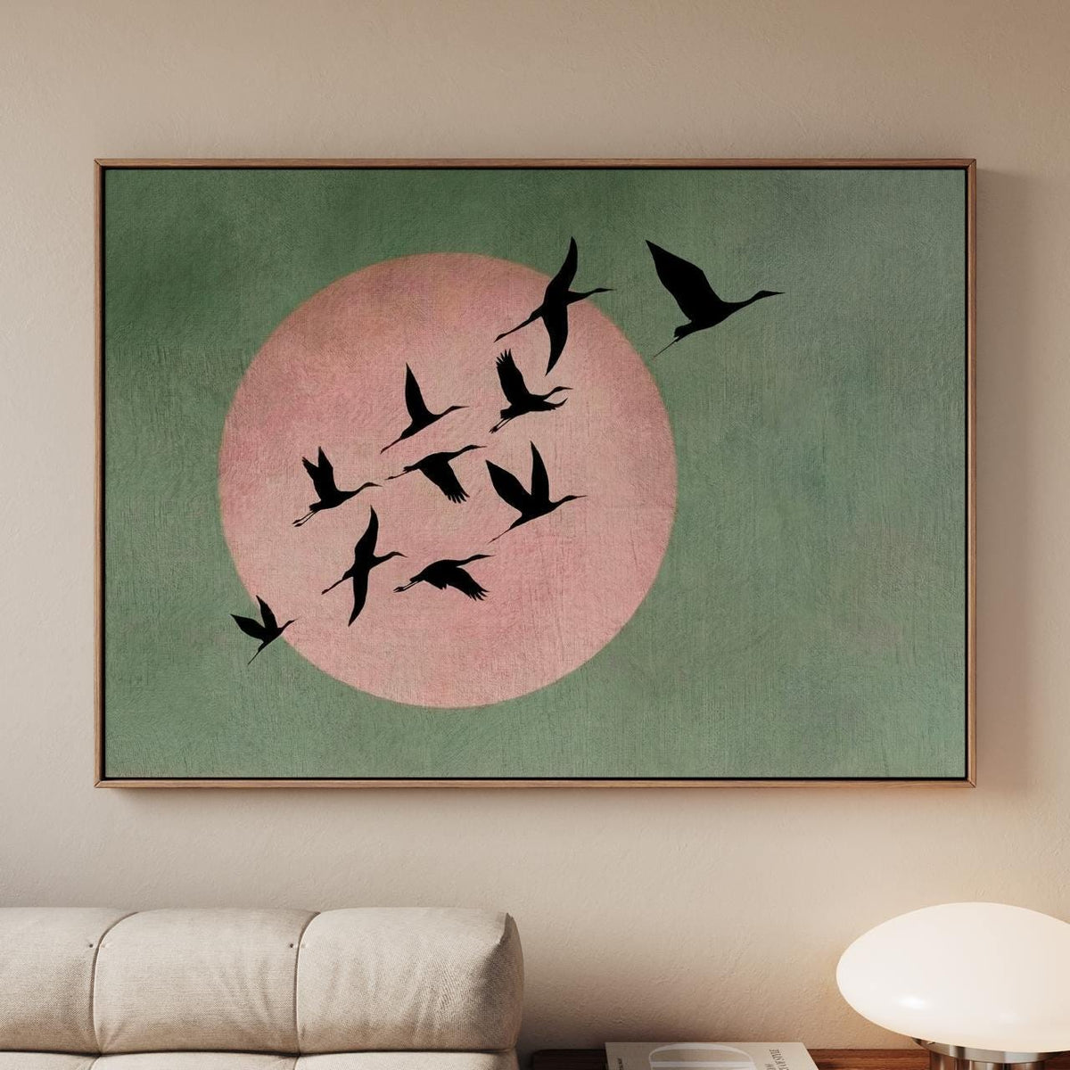 Large Living Room Decor Sage Pink Moon Japandi Wall Art Print, Framed Flock of Birds Japanese Sun  Canvas Modern Feng Sh