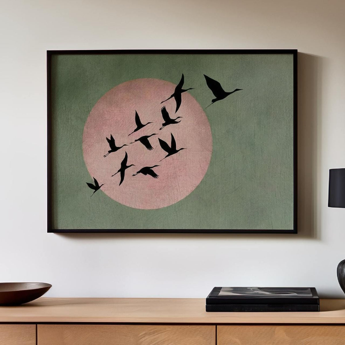 Large Living Room Decor Sage Pink Moon Japandi Wall Art Print, Framed Flock of Birds Japanese Sun  Canvas Modern Feng Sh