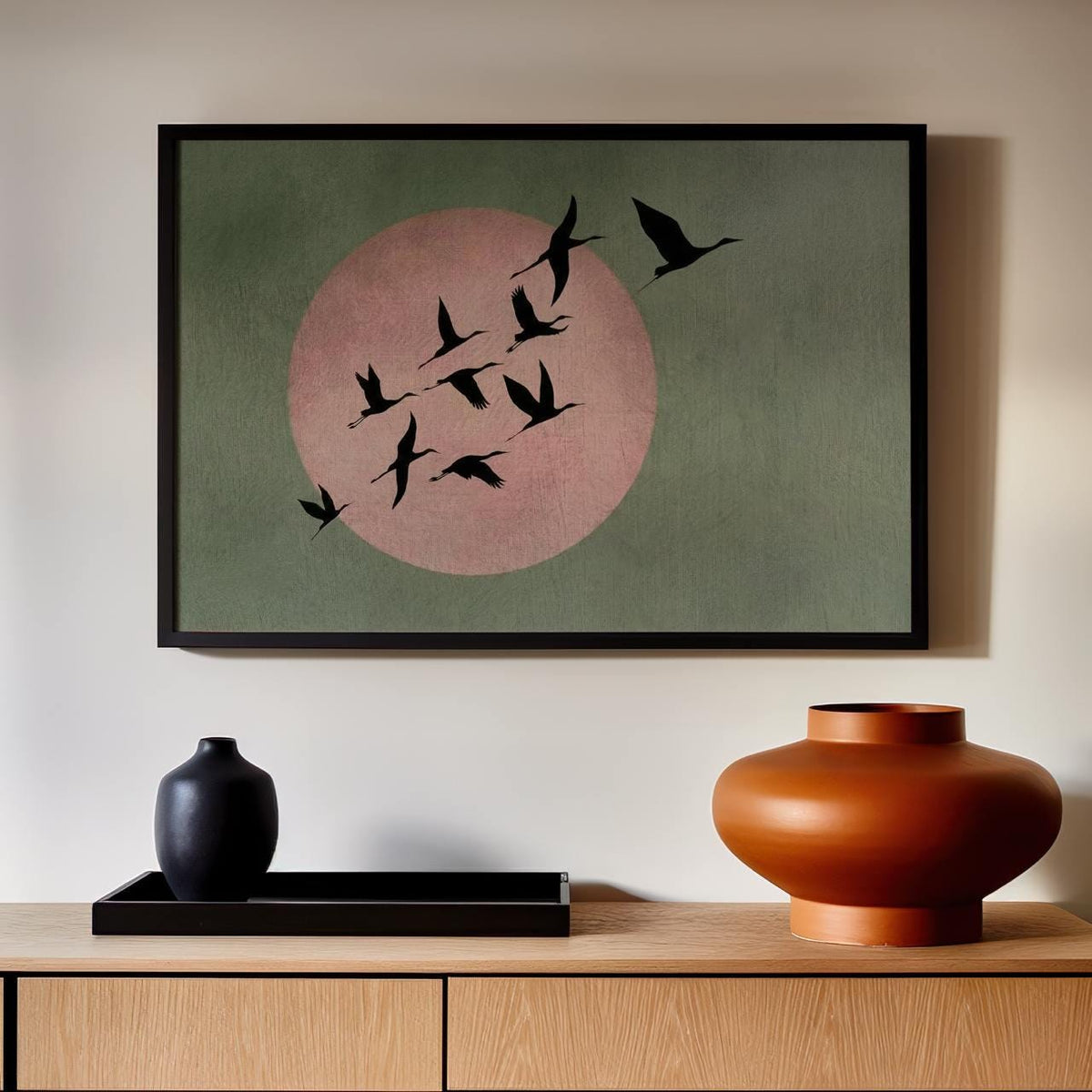 Large Living Room Decor Sage Pink Moon Japandi Wall Art Print, Framed Flock of Birds Japanese Sun  Canvas Modern Feng Sh