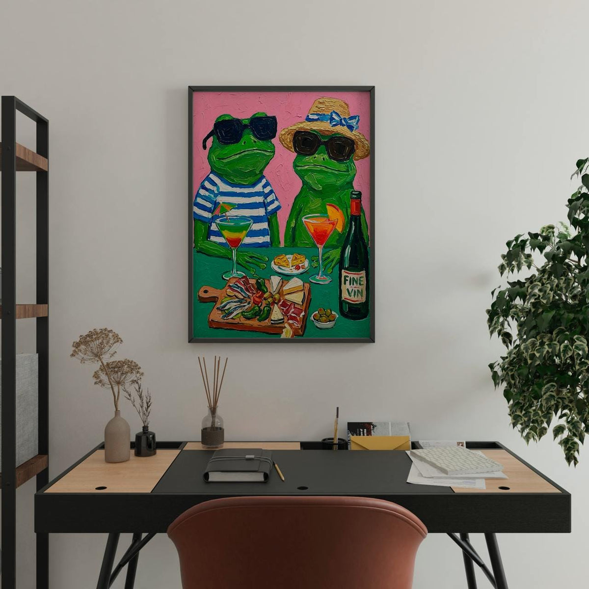 Frog Cocktail Party Art Print, Quirky Animal Poster With Frogs And Cocktail, Retro Colorful Wall Art, Playful Dining Roo