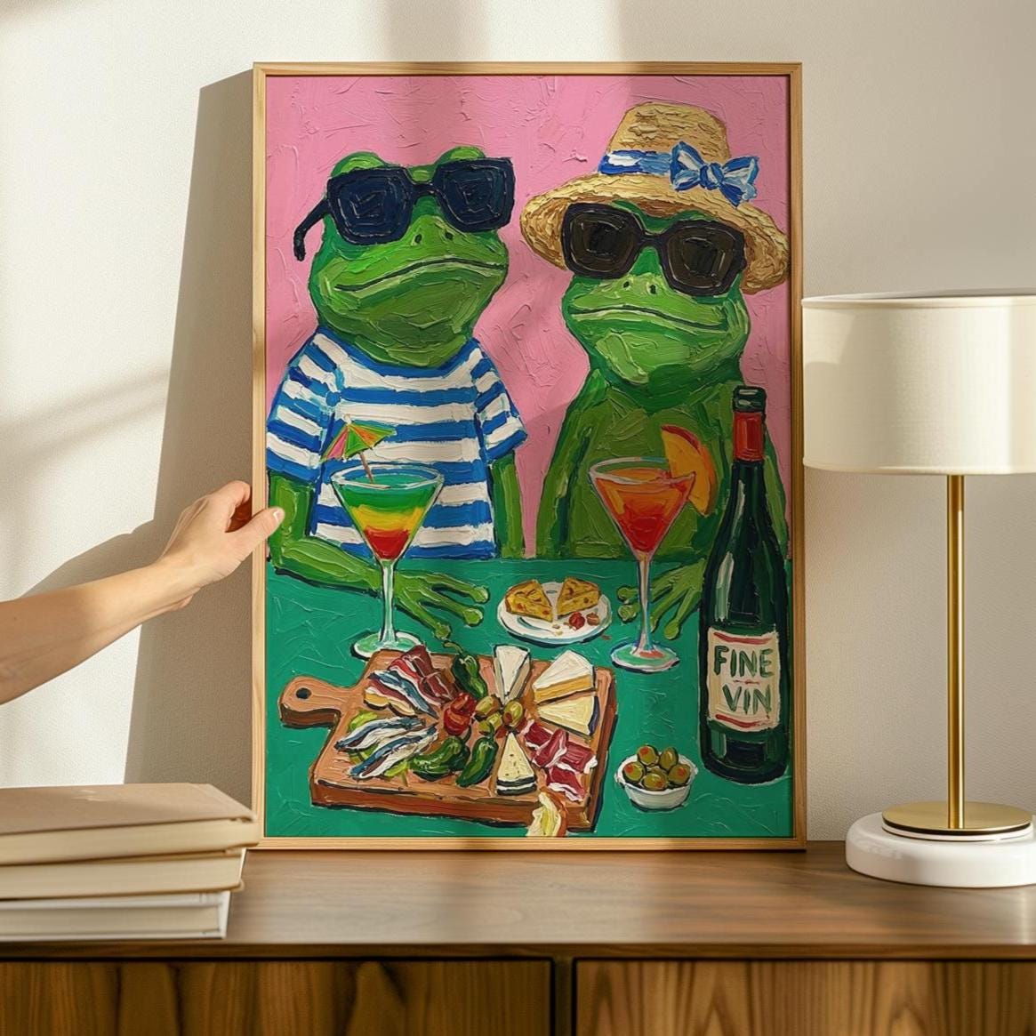 Frog Cocktail Party Art Print, Quirky Animal Poster With Frogs And Cocktail, Retro Colorful Wall Art, Playful Dining Roo