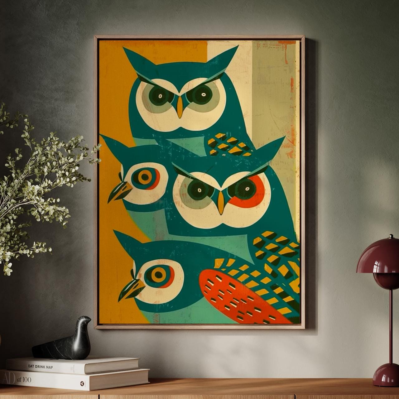 Mid-Century Owl Art Print, Retro Blue Owl Poster, Minimalist Animal Illustration, Vintage Wall Decor, Modern Graphic Art