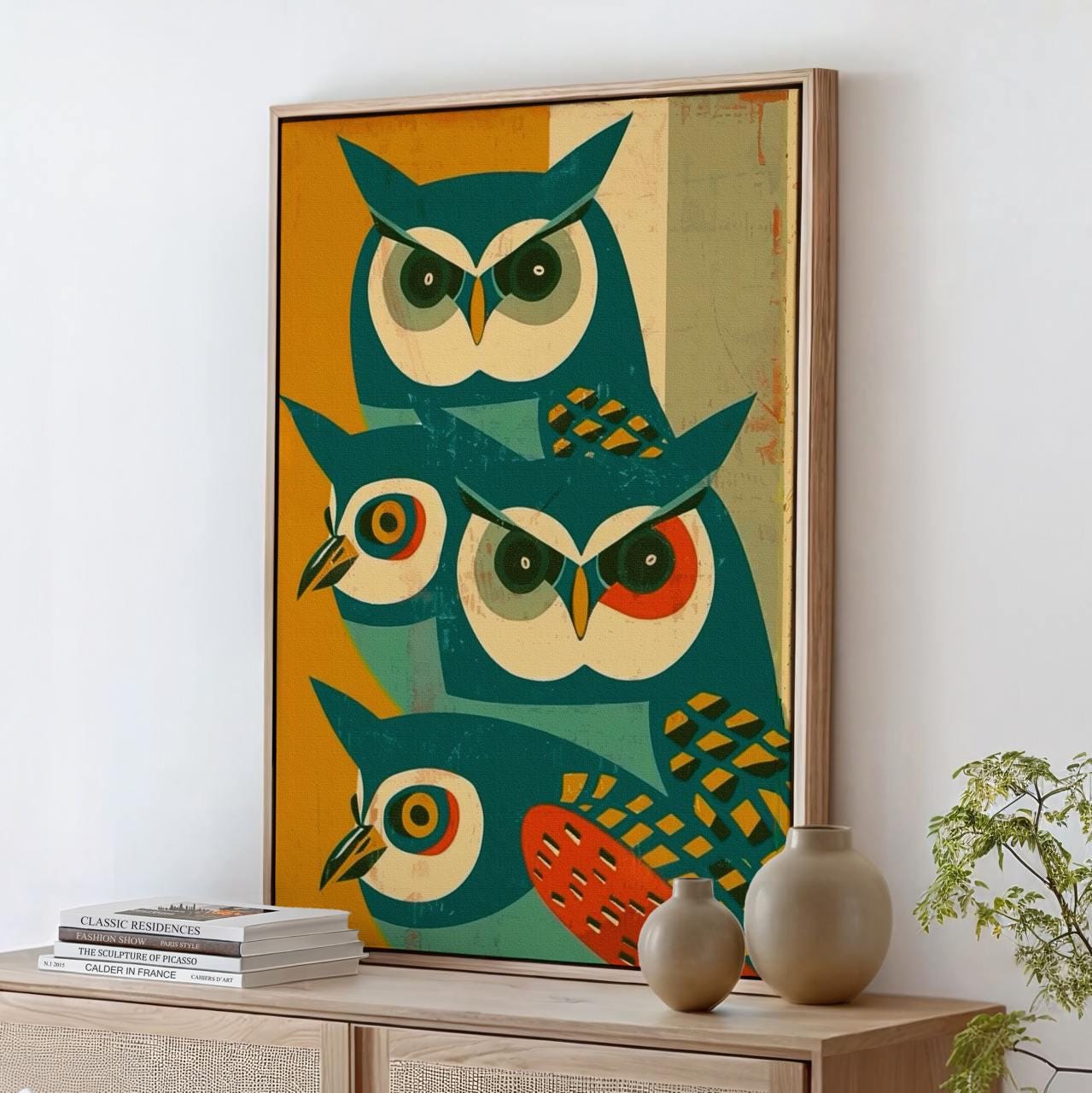 Mid-Century Owl Art Print, Retro Blue Owl Poster, Minimalist Animal Illustration, Vintage Wall Decor, Modern Graphic Art
