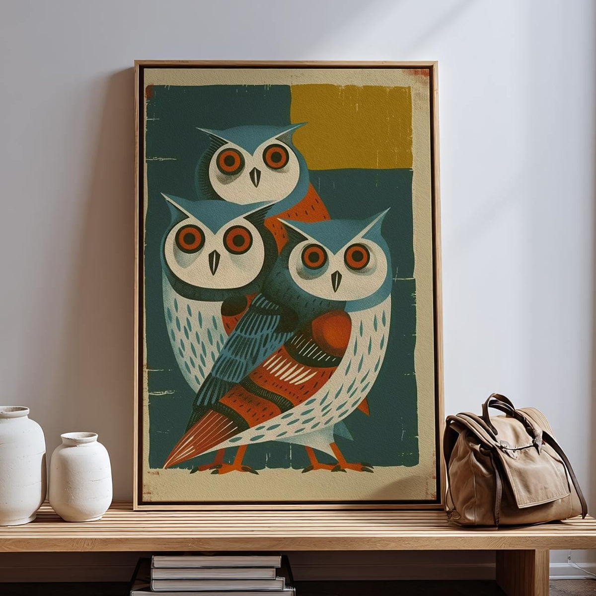 Mid-Century Owl Art Print, Retro Blue Owls Poster, Minimalist Animal Illustration, Vintage Wall Decor, Modern Graphic Ar