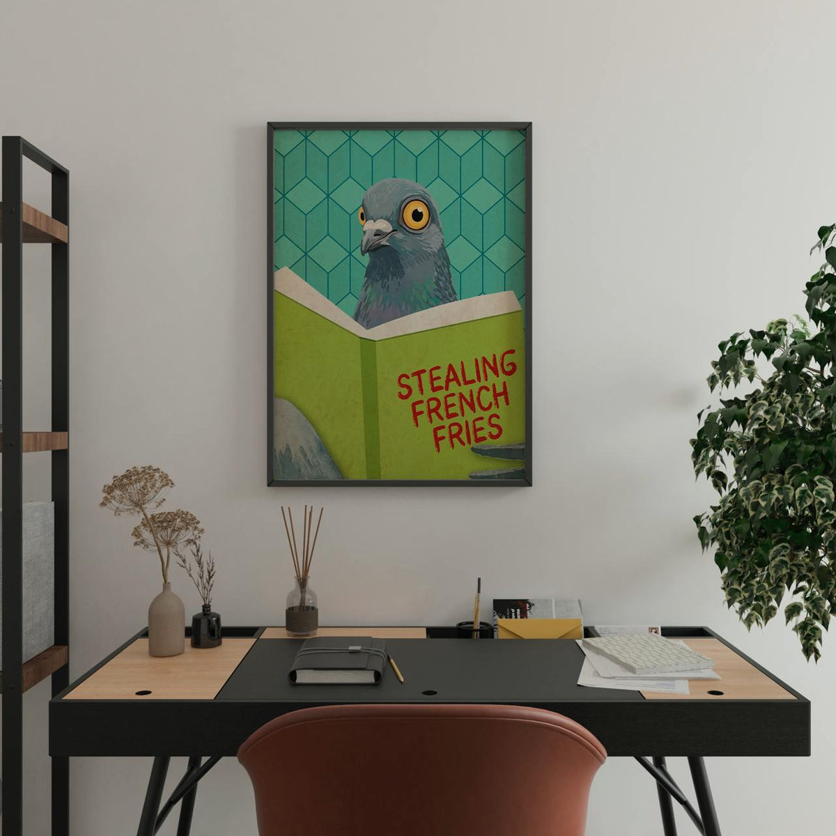Funny Reading Pigeon Wall Art - Framed Cute Pigeon Poster, Toilet Humor Bathroom, Cheeky Laundry Room Decor, Trendy Gift