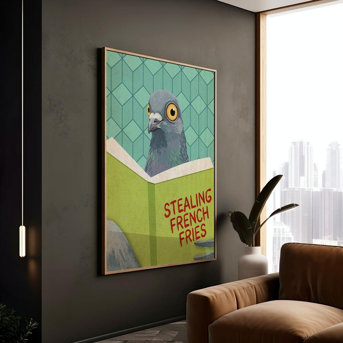 Funny Reading Pigeon Wall Art - Framed Cute Pigeon Poster, Toilet Humor Bathroom, Cheeky Laundry Room Decor, Trendy Gift