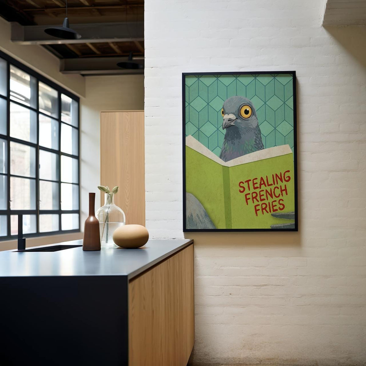 Funny Reading Pigeon Wall Art - Framed Cute Pigeon Poster, Toilet Humor Bathroom, Cheeky Laundry Room Decor, Trendy Gift