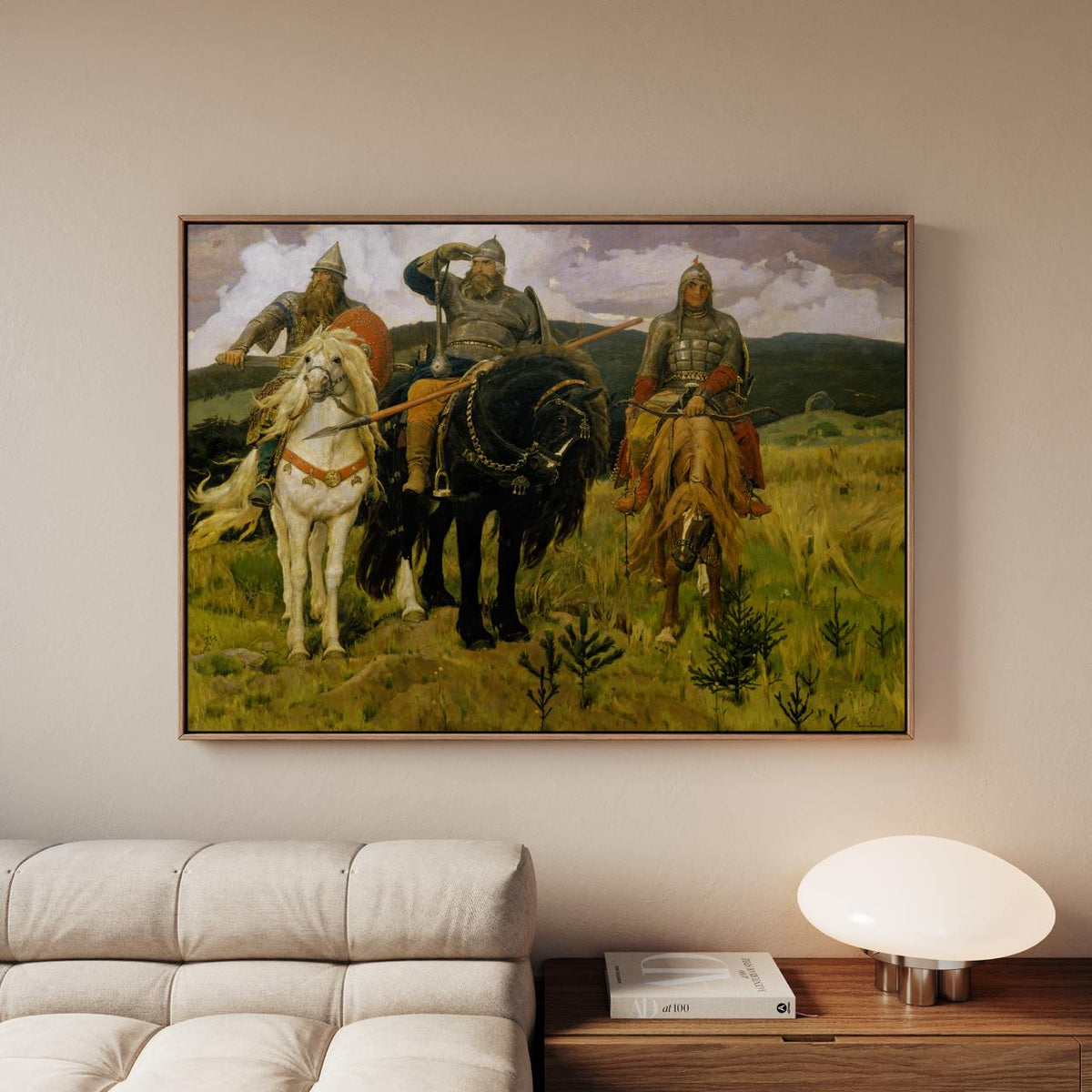 Viktor Vasnetsov – Heroes Warriors Bogatyrs – Epic Russian Knights, Folklore Oil Painting, Mythological Print