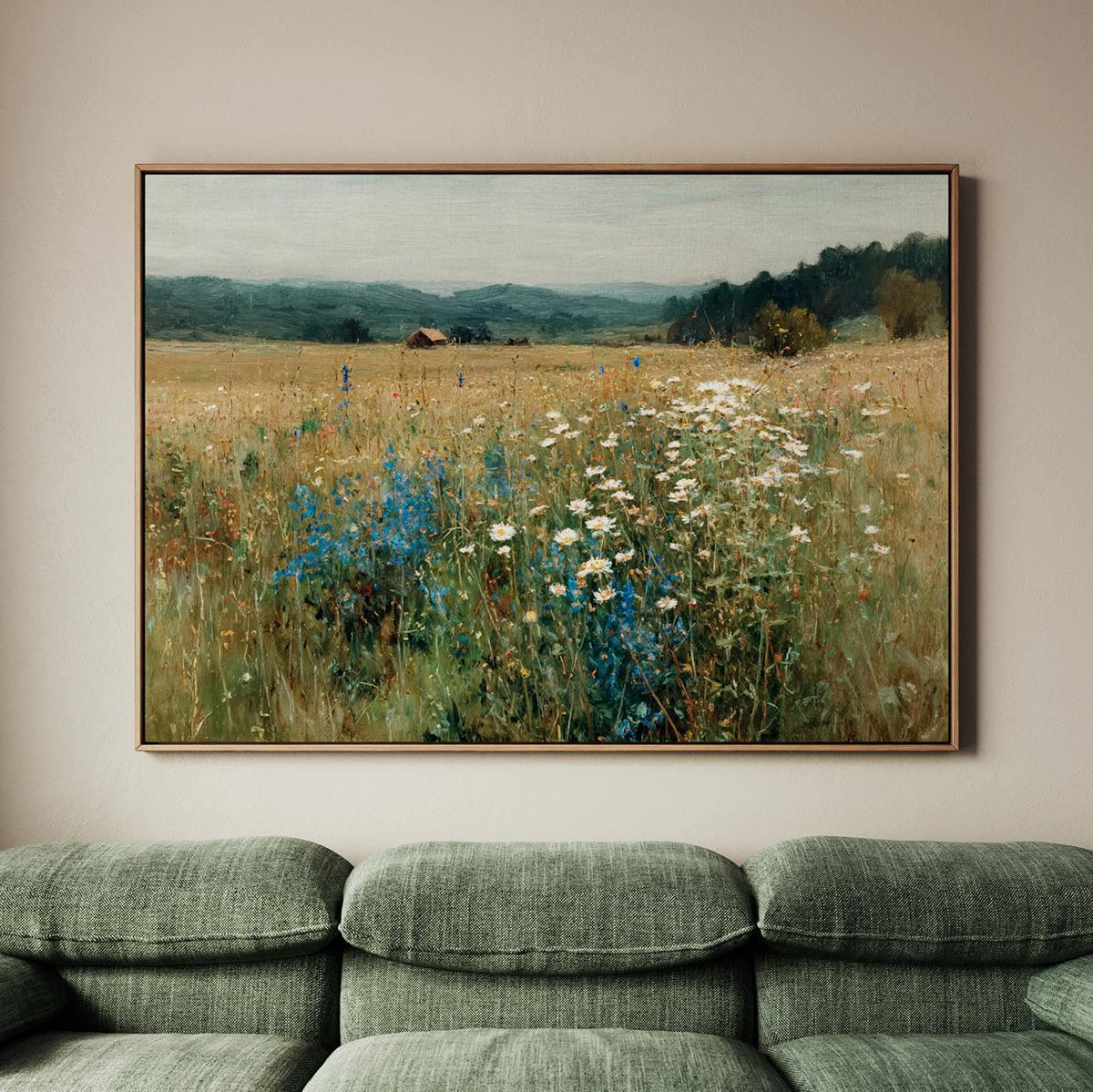 Vintage Wildflower Meadow Framed Canvas Print Art, Botanical Floral Large Wall Decor, Modern Home Rustic Panoramic Lands