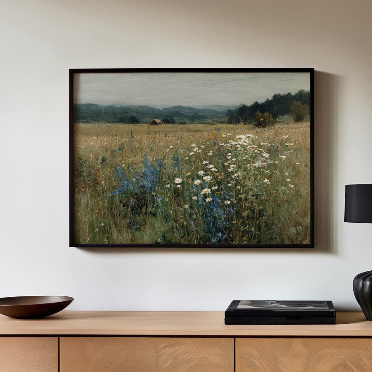 Vintage Wildflower Meadow Framed Canvas Print Art, Botanical Floral Large Wall Decor, Modern Home Rustic Panoramic Lands