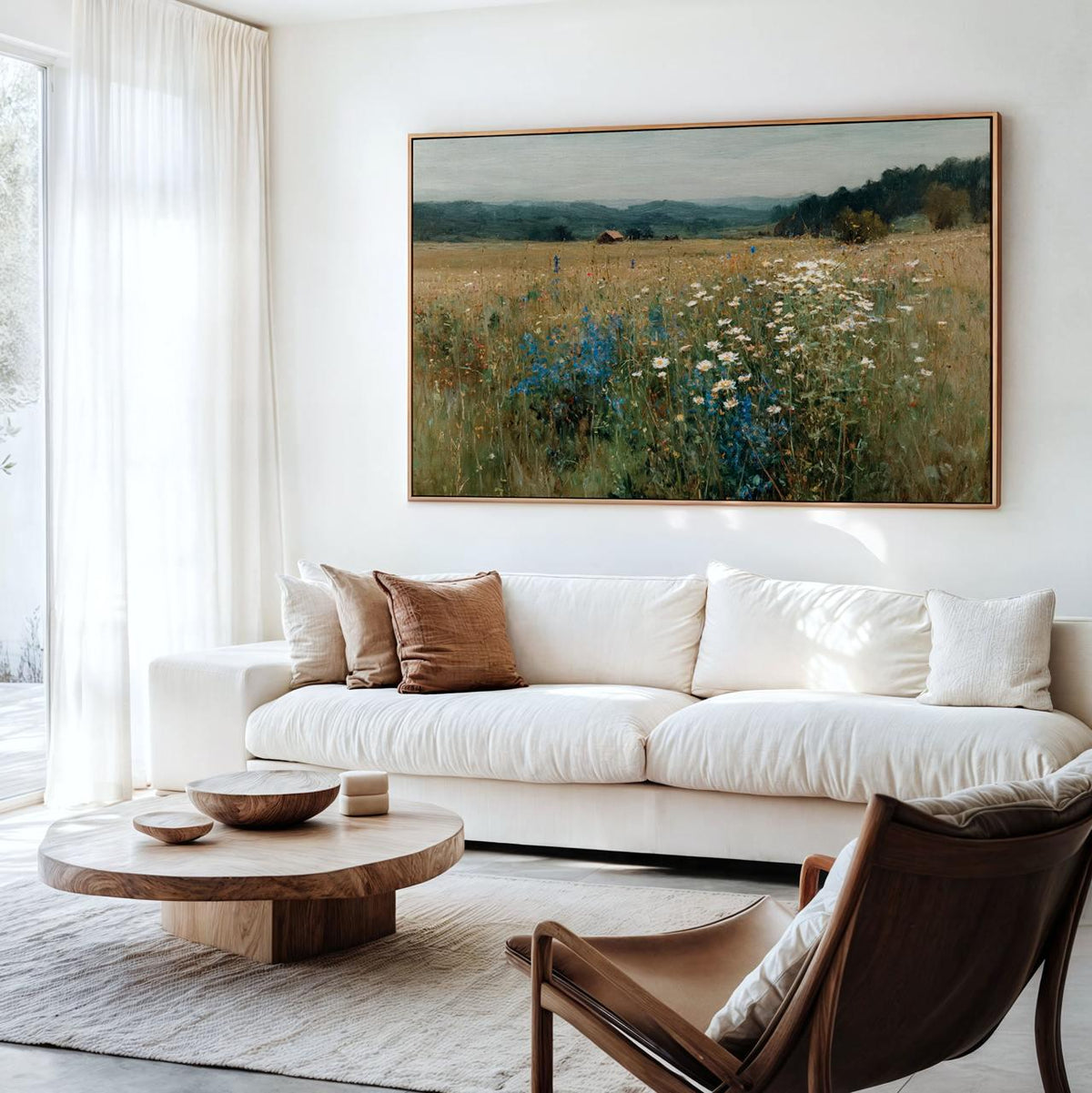 Vintage Wildflower Meadow Framed Canvas Print Art, Botanical Floral Large Wall Decor, Modern Home Rustic Panoramic Lands