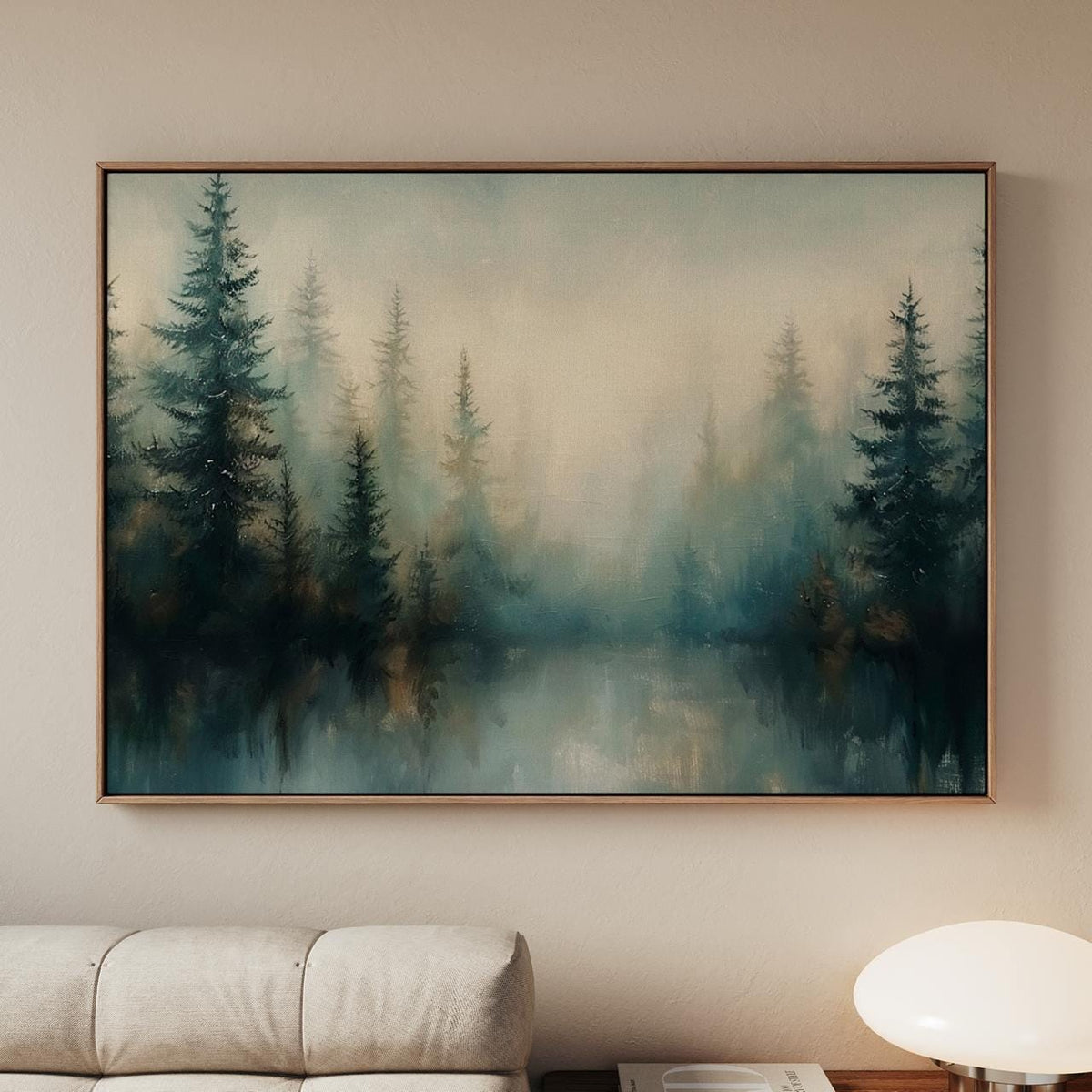 Large Framed Misty Pine Tree Forest Wall Art Print, Moody Green Woodland Landscape Canvas Decor, Minimalist Scandinavian