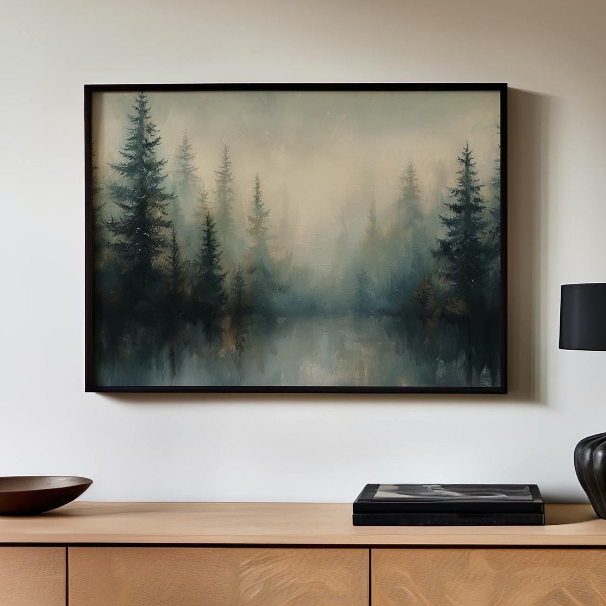 Large Framed Misty Pine Tree Forest Wall Art Print, Moody Green Woodland Landscape Canvas Decor, Minimalist Scandinavian