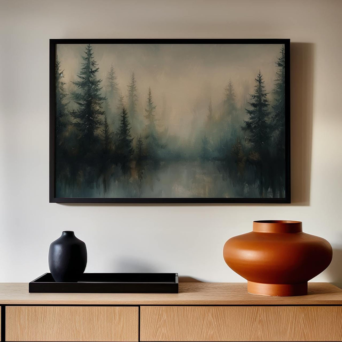 Large Framed Misty Pine Tree Forest Wall Art Print, Moody Green Woodland Landscape Canvas Decor, Minimalist Scandinavian