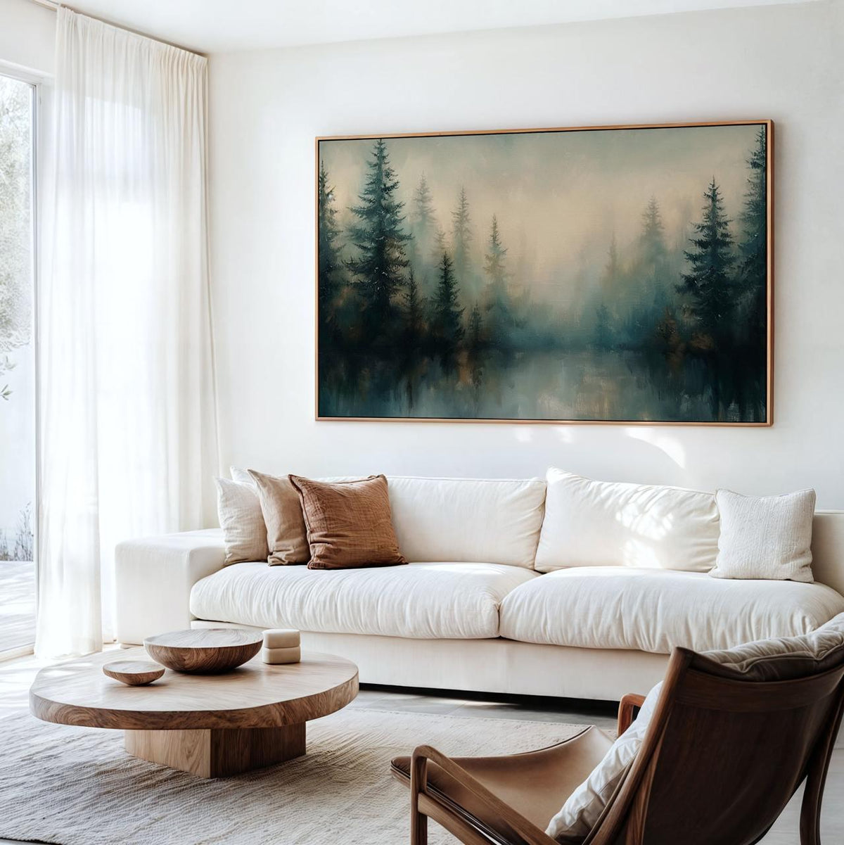 Large Framed Misty Pine Tree Forest Wall Art Print, Moody Green Woodland Landscape Canvas Decor, Minimalist Scandinavian