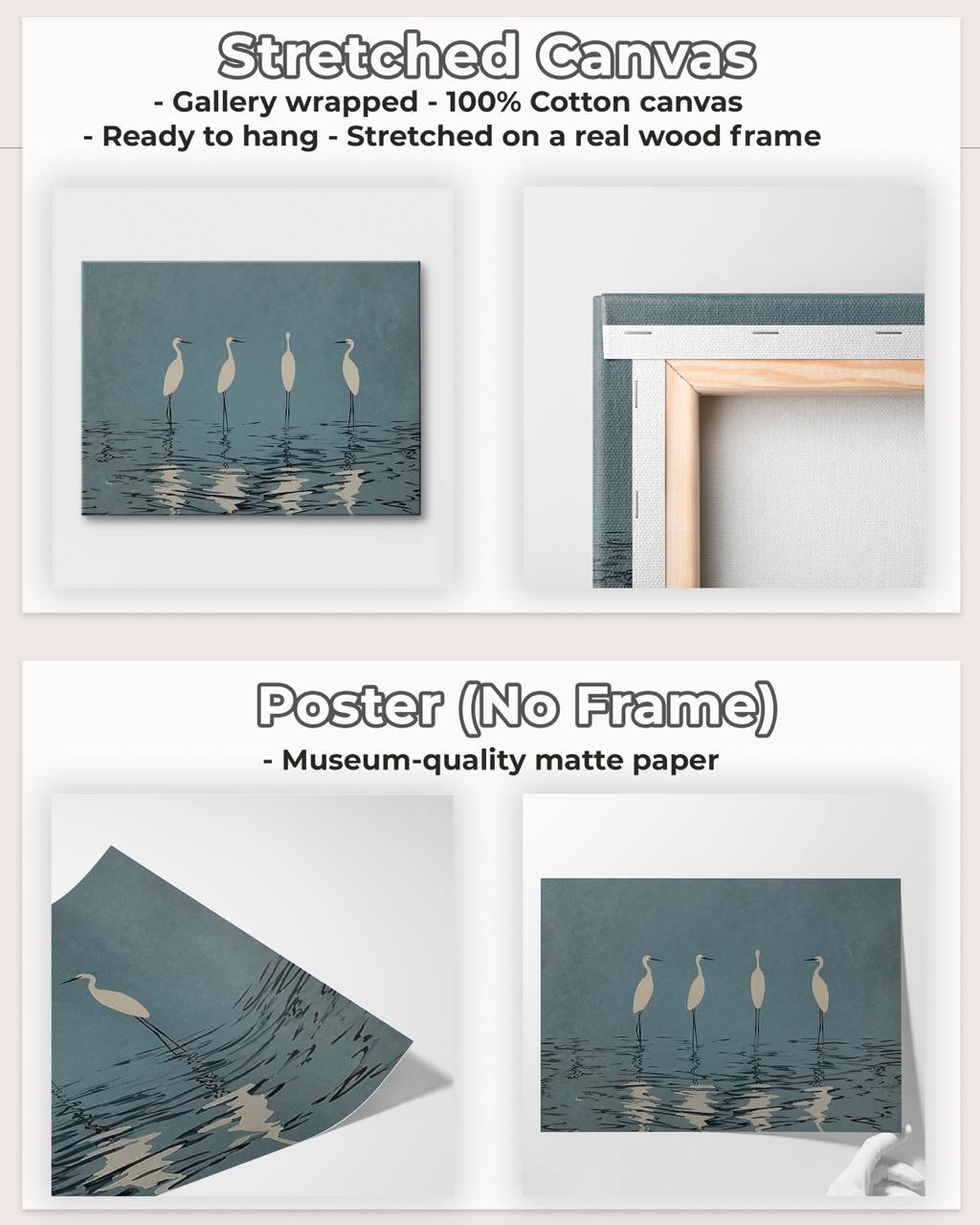 Minimalist Crane Wall Art Large Framed Heron Canvas Print, Elegant White Birds Deep Blue, Modern Nature Decor Living Roo