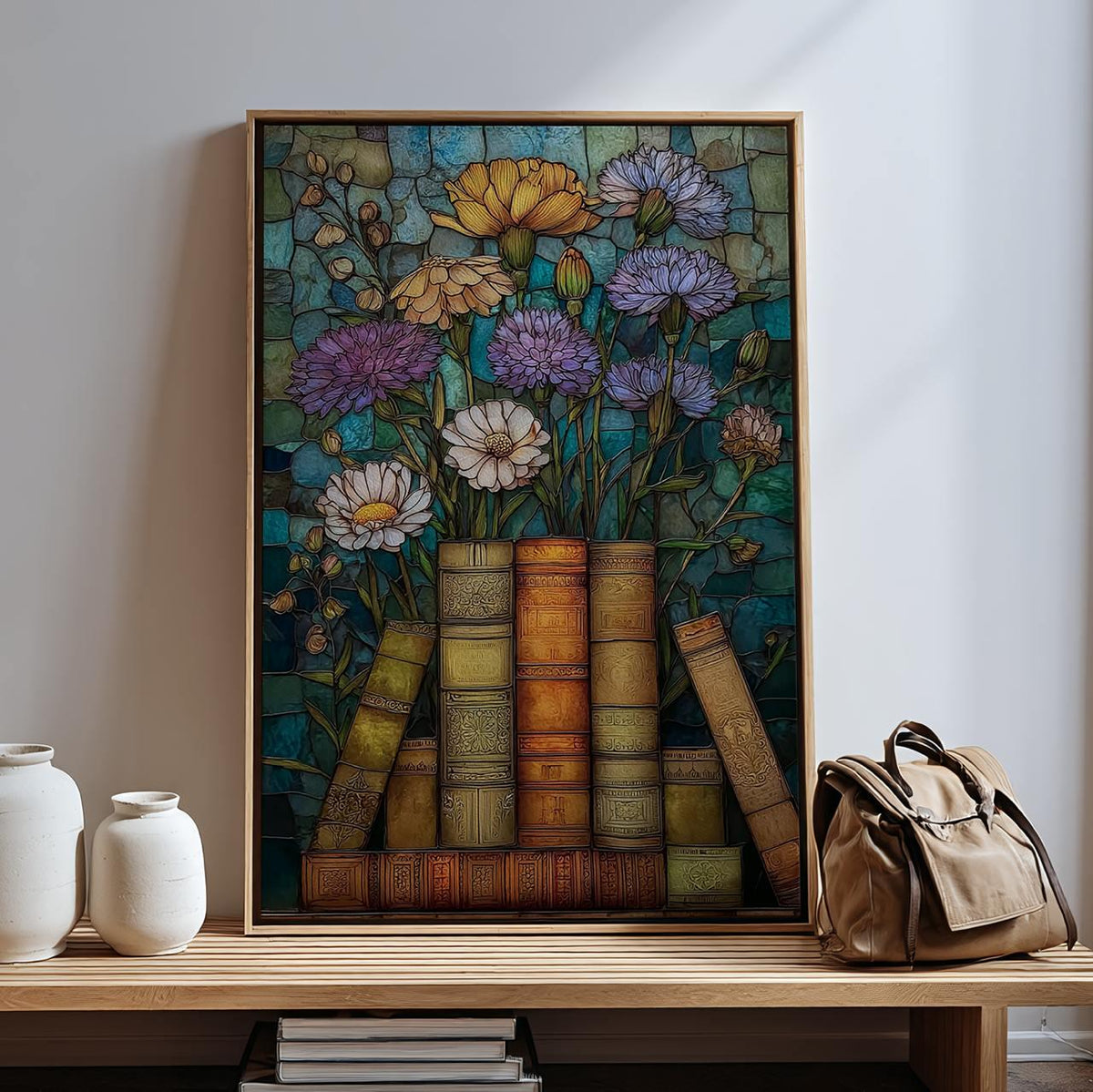 Book Lover Wildflower Poster Print, Stained Glass Floral Wall Art, Artful Trendy Vintage Decor, Light Academia Matte Pos