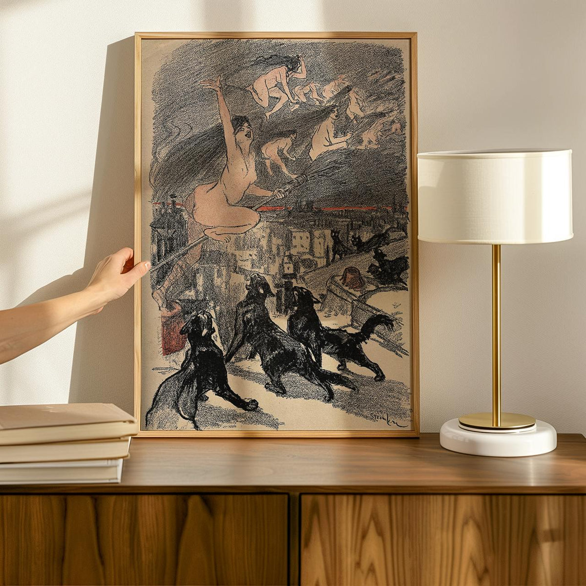 Théophile Steinlen - Big Black Cats Witches Ascend - Gothic Mystical Canvas Print, Dark Fantasy Halloween Wall Art Livin