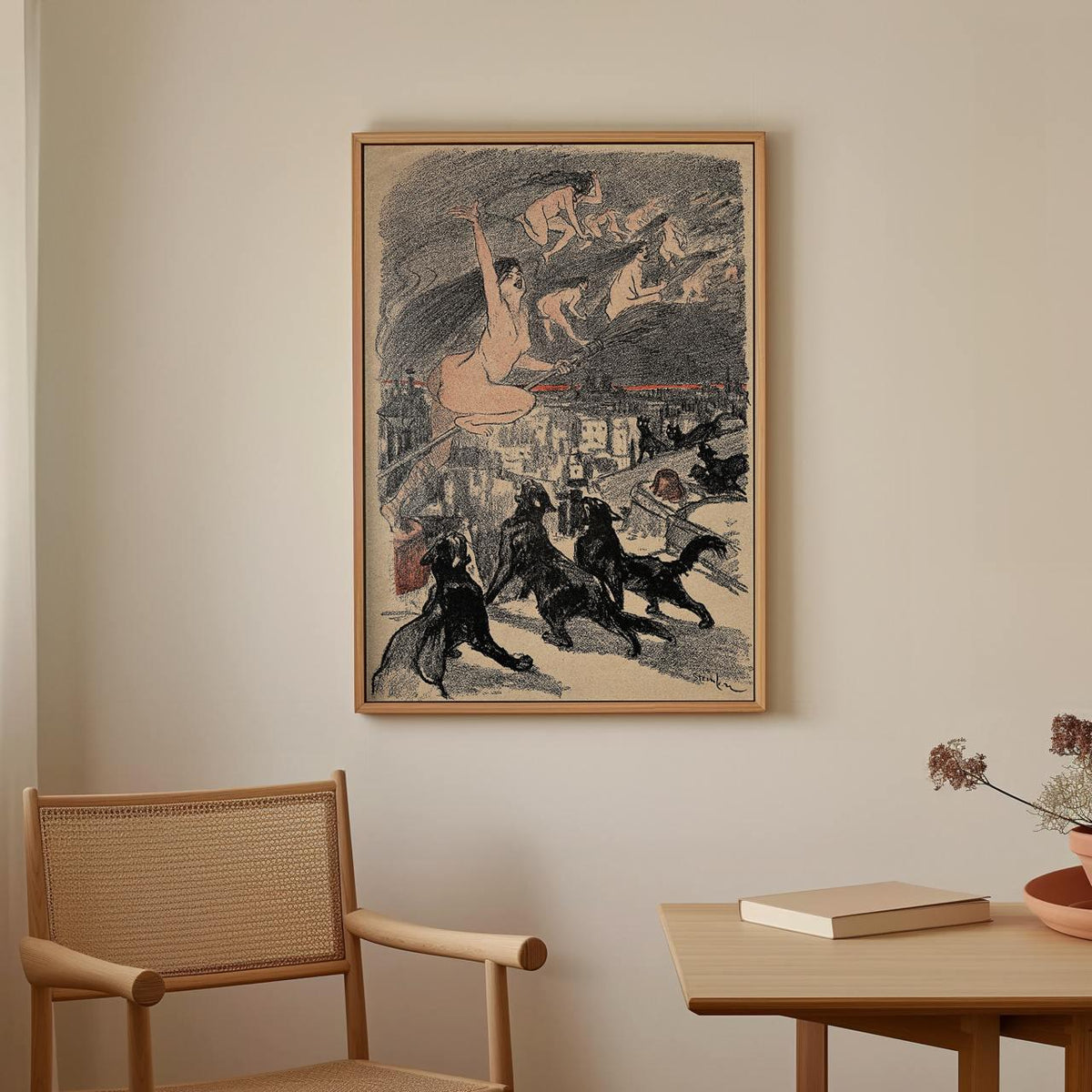 Théophile Steinlen - Big Black Cats Witches Ascend - Gothic Mystical Canvas Print, Dark Fantasy Halloween Wall Art Livin