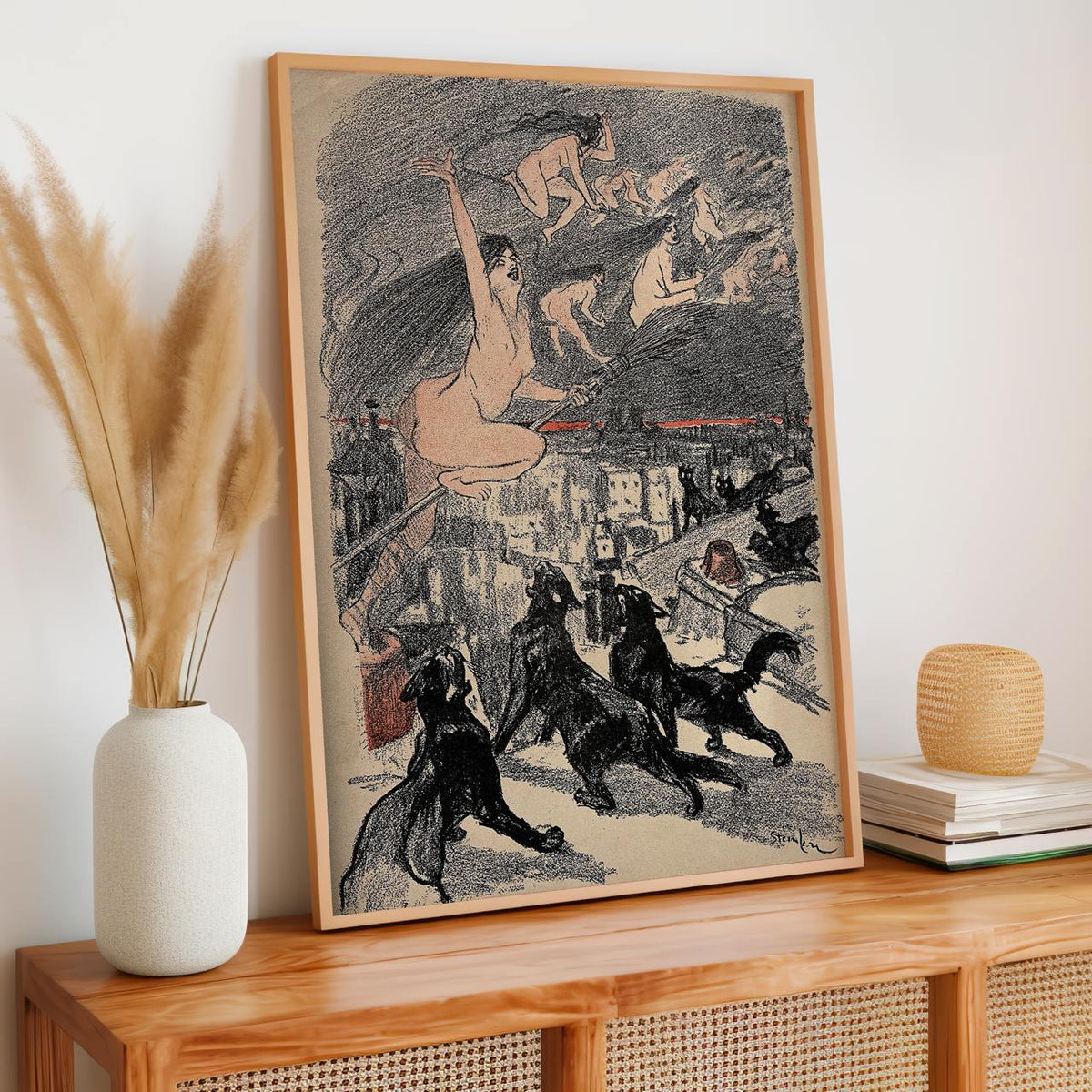 Théophile Steinlen - Big Black Cats Witches Ascend - Gothic Mystical Canvas Print, Dark Fantasy Halloween Wall Art Livin