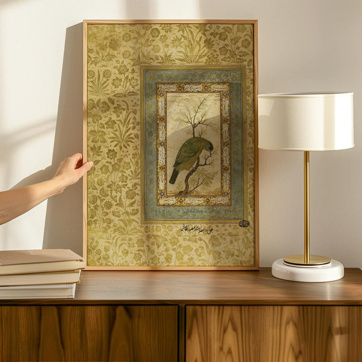 Persian Mughal - Blue Throated Barbet Bird Study Canvas Print, Exotic Intricate Miniature Oriental Wall Art Living Room 