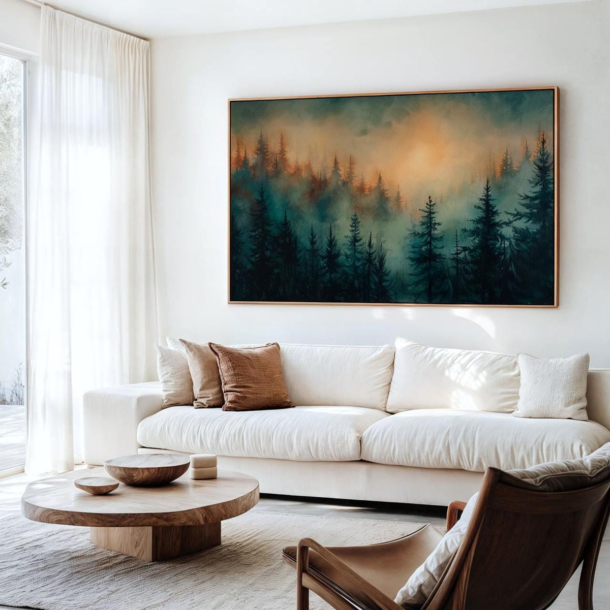 Moody Green Woodland Landscape Large Framed Misty Pine Tree Forest Canvas Art, Minimalist Scandinavian Nature Bedroom De