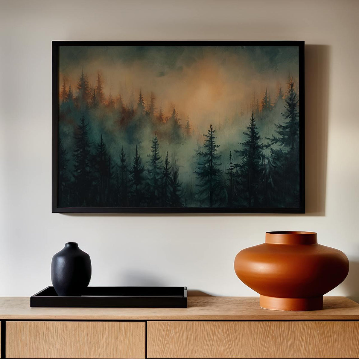 Moody Green Woodland Landscape Large Framed Misty Pine Tree Forest Canvas Art, Minimalist Scandinavian Nature Bedroom De