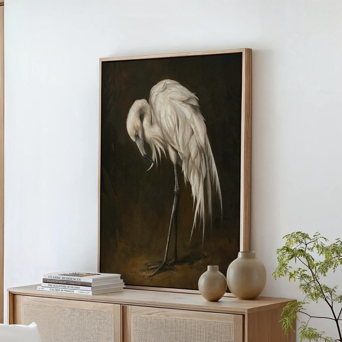 Vintage Egret Wall Art, Framed White Bird Canvas Print, Elegant Wildlife Painting On Dark Background For Living Room Or 
