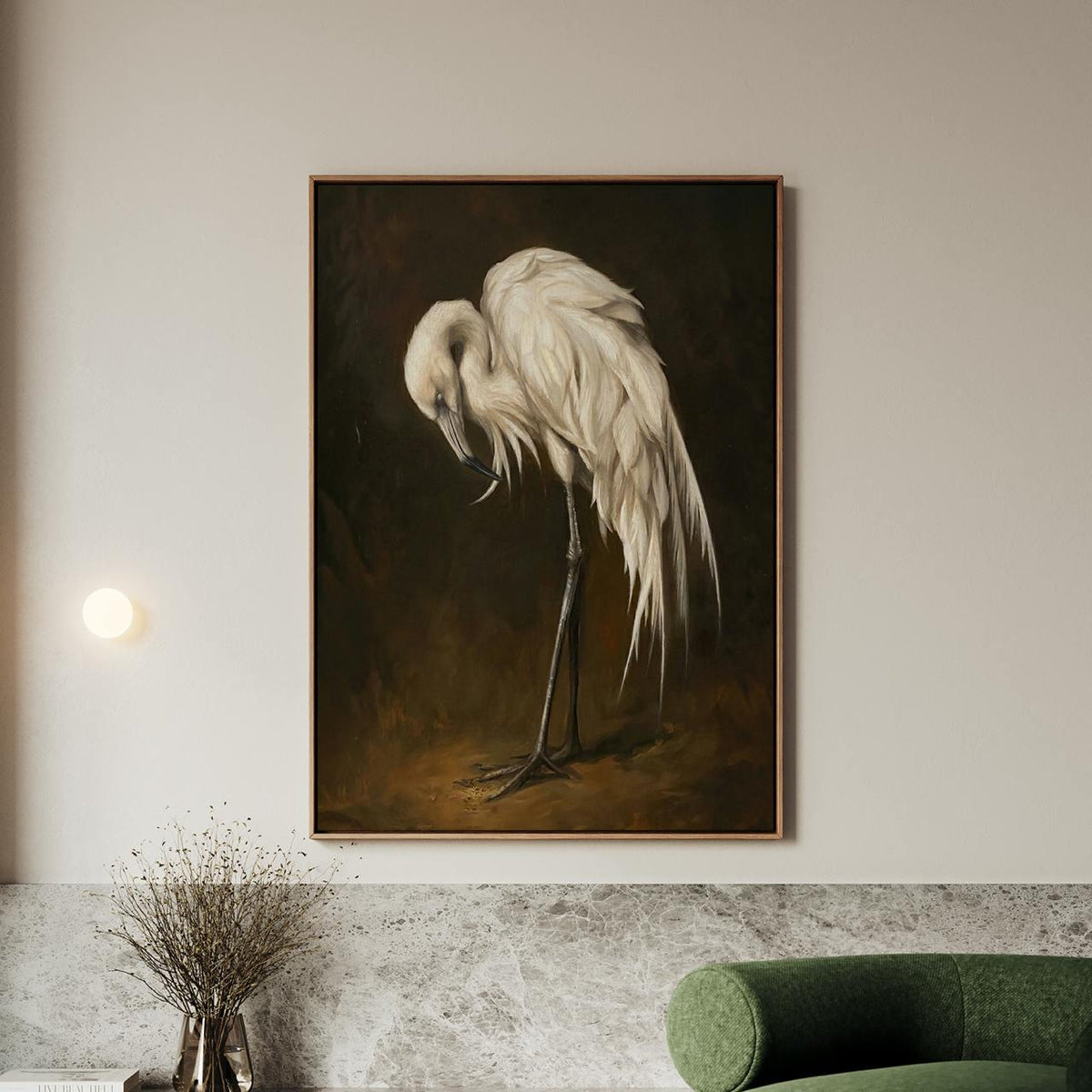 Vintage Egret Wall Art, Framed White Bird Canvas Print, Elegant Wildlife Painting On Dark Background For Living Room Or 