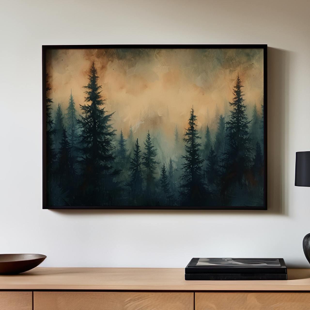 Moody Green Woodland Landscape Large Framed Misty Pine Tree Forest Canvas Art, Minimalist Scandinavian Nature Bedroom De