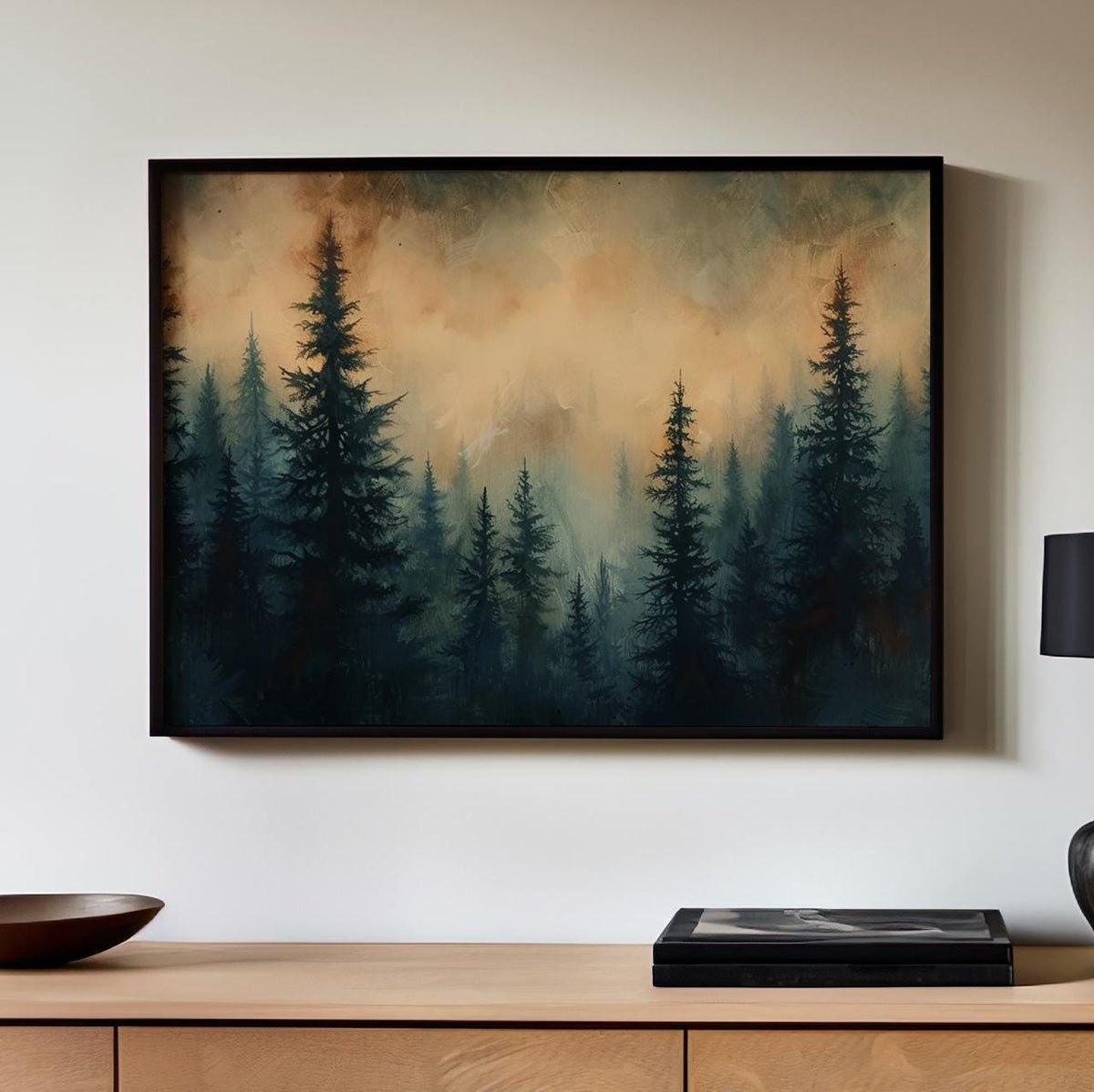 Moody Green Woodland Landscape Large Framed Misty Pine Tree Forest Canvas Art, Minimalist Scandinavian Nature Bedroom De