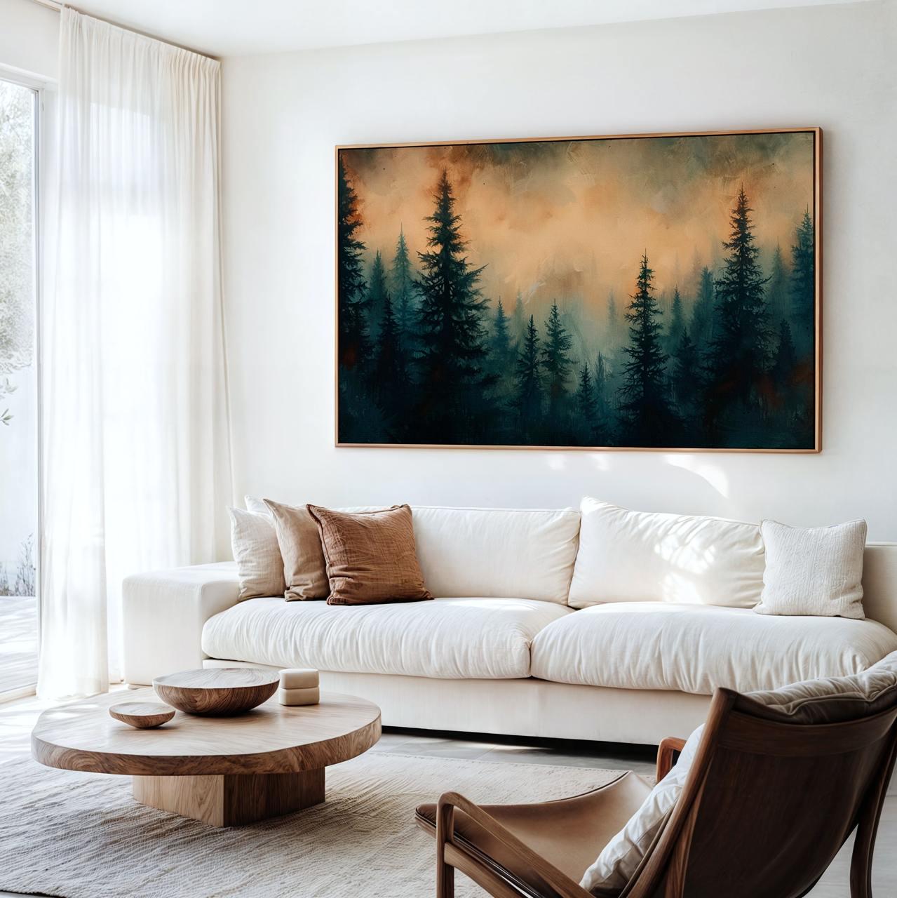Moody Green Woodland Landscape Large Framed Misty Pine Tree Forest Canvas Art, Minimalist Scandinavian Nature Bedroom De