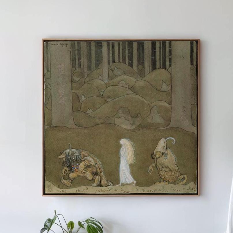 John Bauer, The Princess and the Trolls - Fantasy Poster, Folk Wall Art, Vintage Style Decor, Living Room Art, Canvas Wa