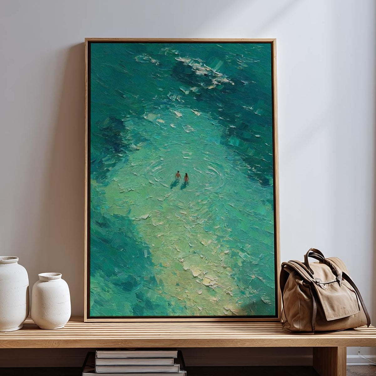 Blue Abstract Oil Painting Print, Two People Swimming Turquoise Canvas, Blue Minimalist Art, Blue Wall Art Bedroom Decor